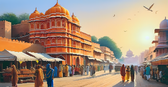 A bustling market in Jaipur with families walking among colorful traditional buildings and stalls selling crafts.