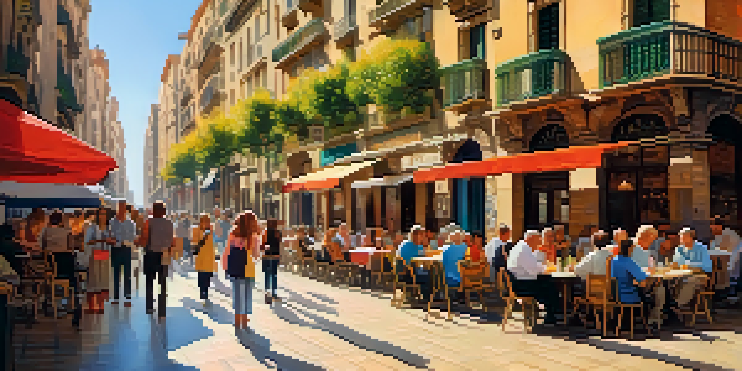A lively street scene in Barcelona featuring colorful buildings and locals conversing at a café under warm sunlight.