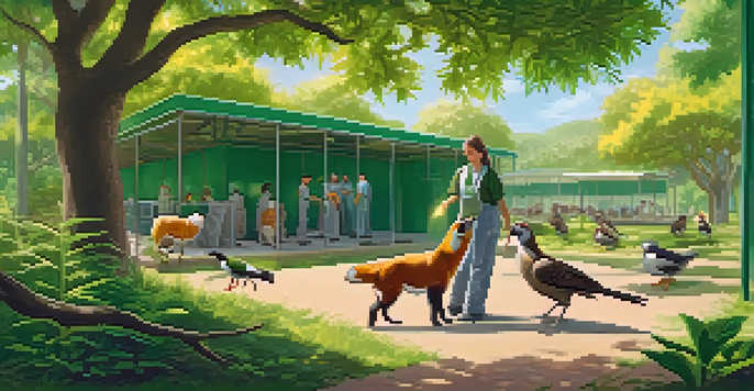 A wildlife rehabilitation center with volunteers caring for injured animals in a lush green environment.