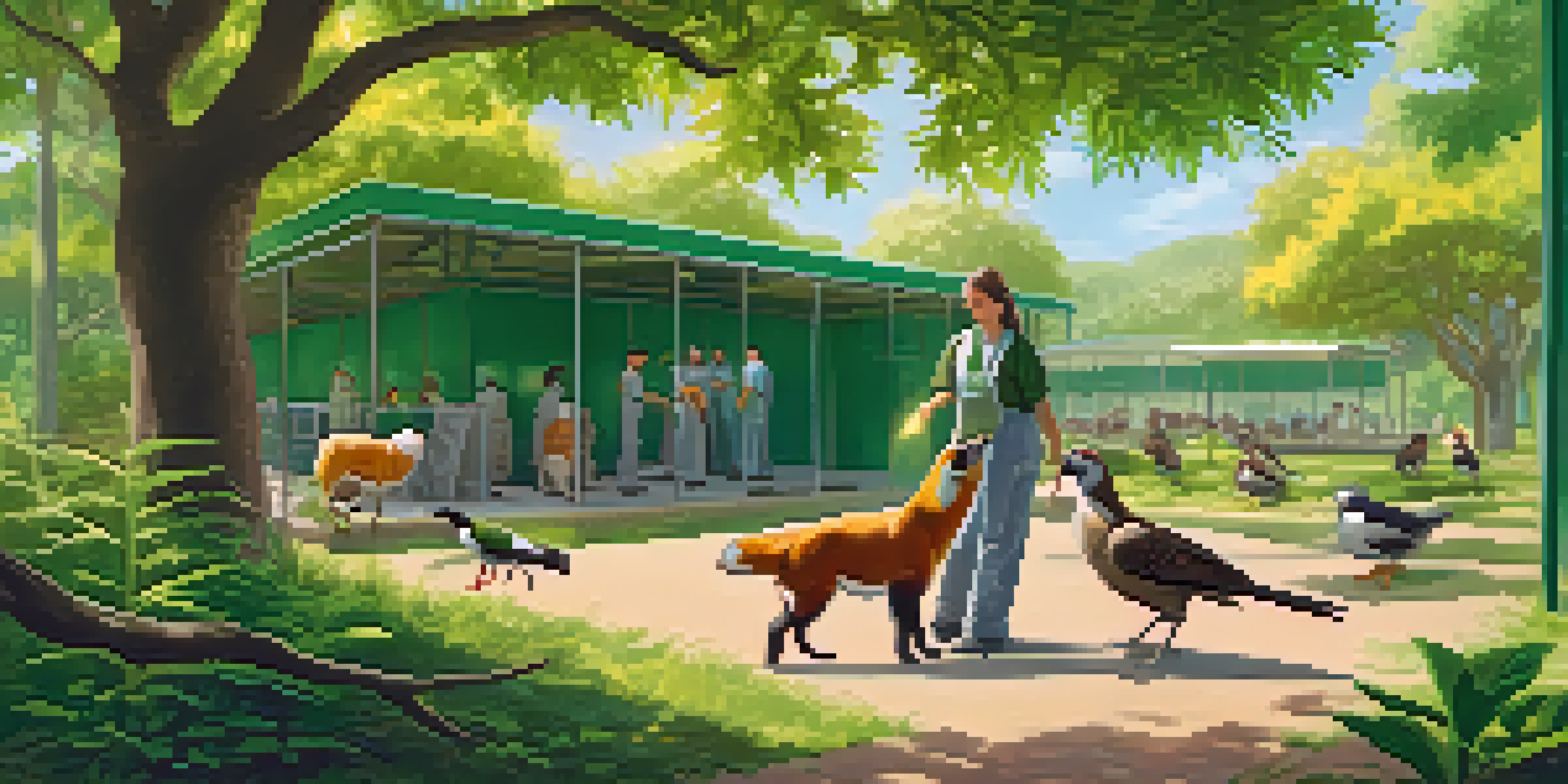A wildlife rehabilitation center with volunteers caring for injured animals in a lush green environment.