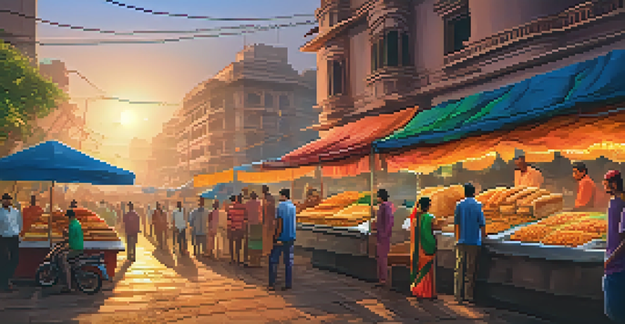 A lively street food market in Mumbai with colorful stalls serving Indian snacks, and people enjoying their meals under a warm sunset.