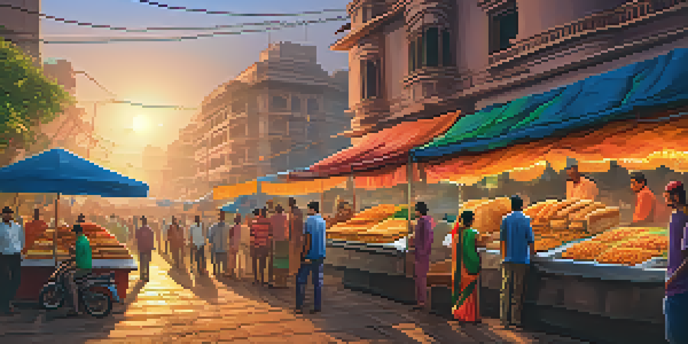 A lively street food market in Mumbai with colorful stalls serving Indian snacks, and people enjoying their meals under a warm sunset.