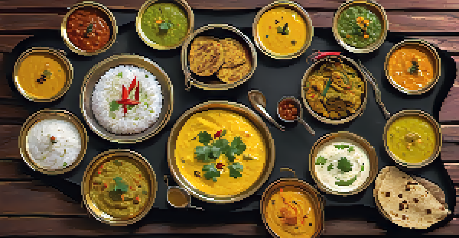 A Western Indian thali with dhokla, puran poli, and various curries in brass bowls, arranged on a rustic wooden background.