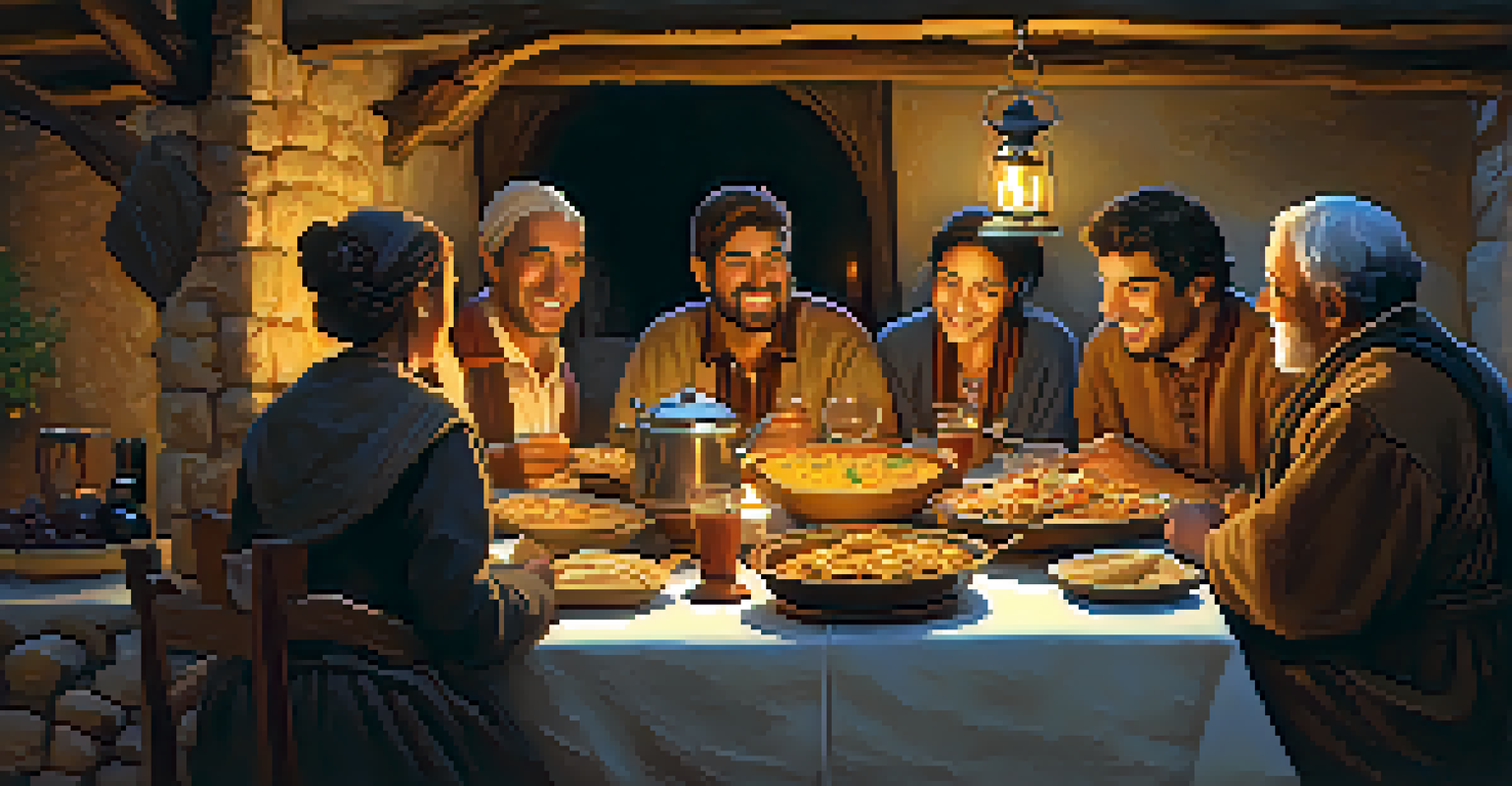 A group of diverse pilgrims enjoying a meal together at a rustic table, with traditional dishes and a warm, cozy atmosphere.