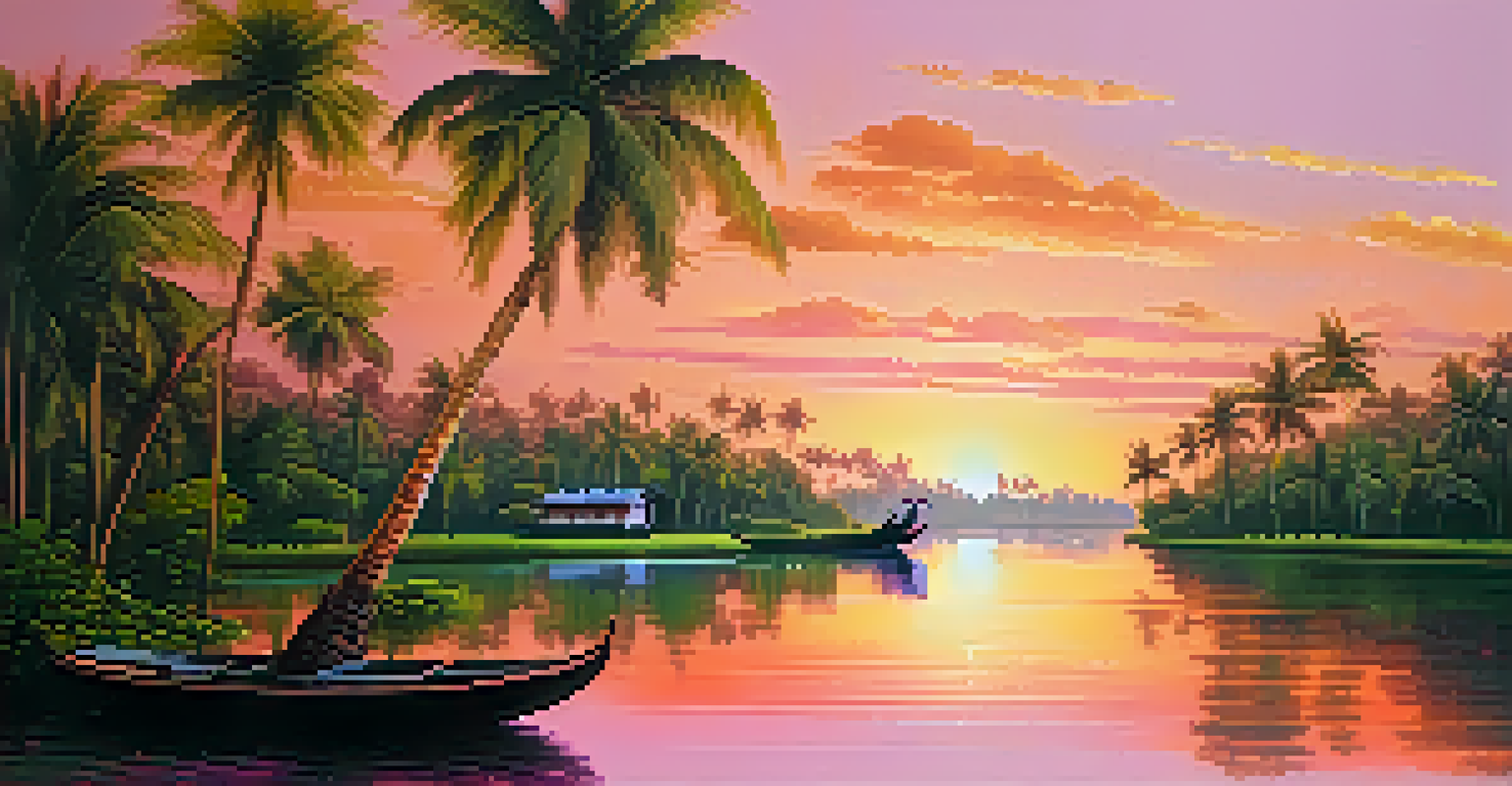 A serene Kerala backwater scene with a houseboat at sunset, surrounded by palm trees and colorful reflections in the water.