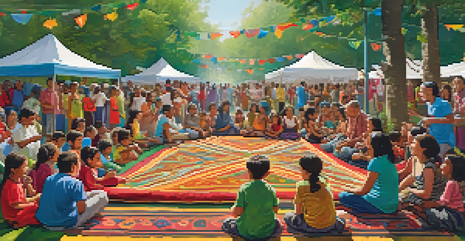 A community gathering at a folk music festival, with families enjoying performances and children dancing in a lush green setting.
