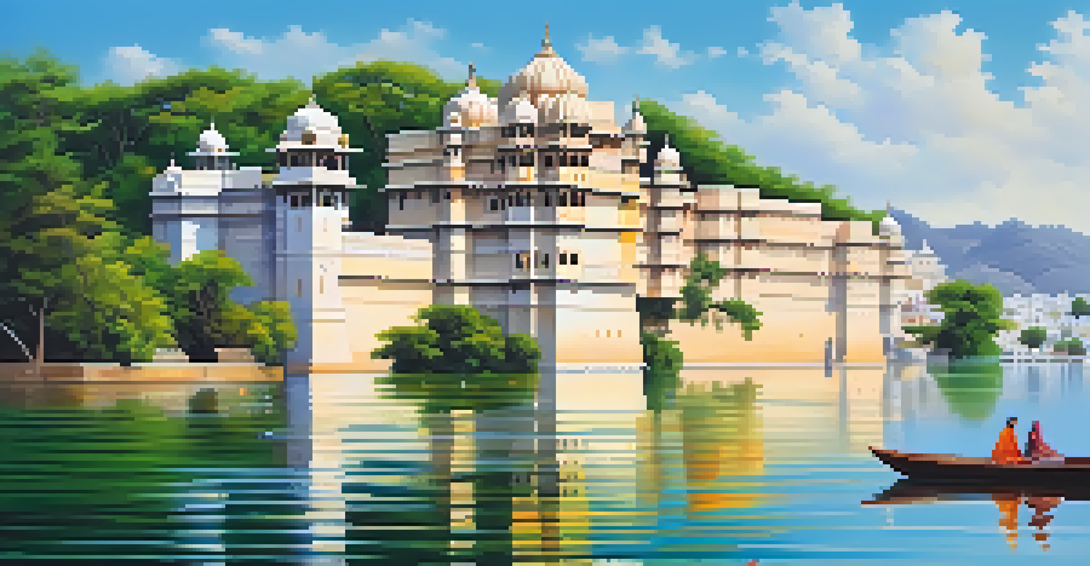The City Palace of Udaipur reflected in Lake Pichola, with a family on a boat ride under a bright sky, surrounded by green scenery.