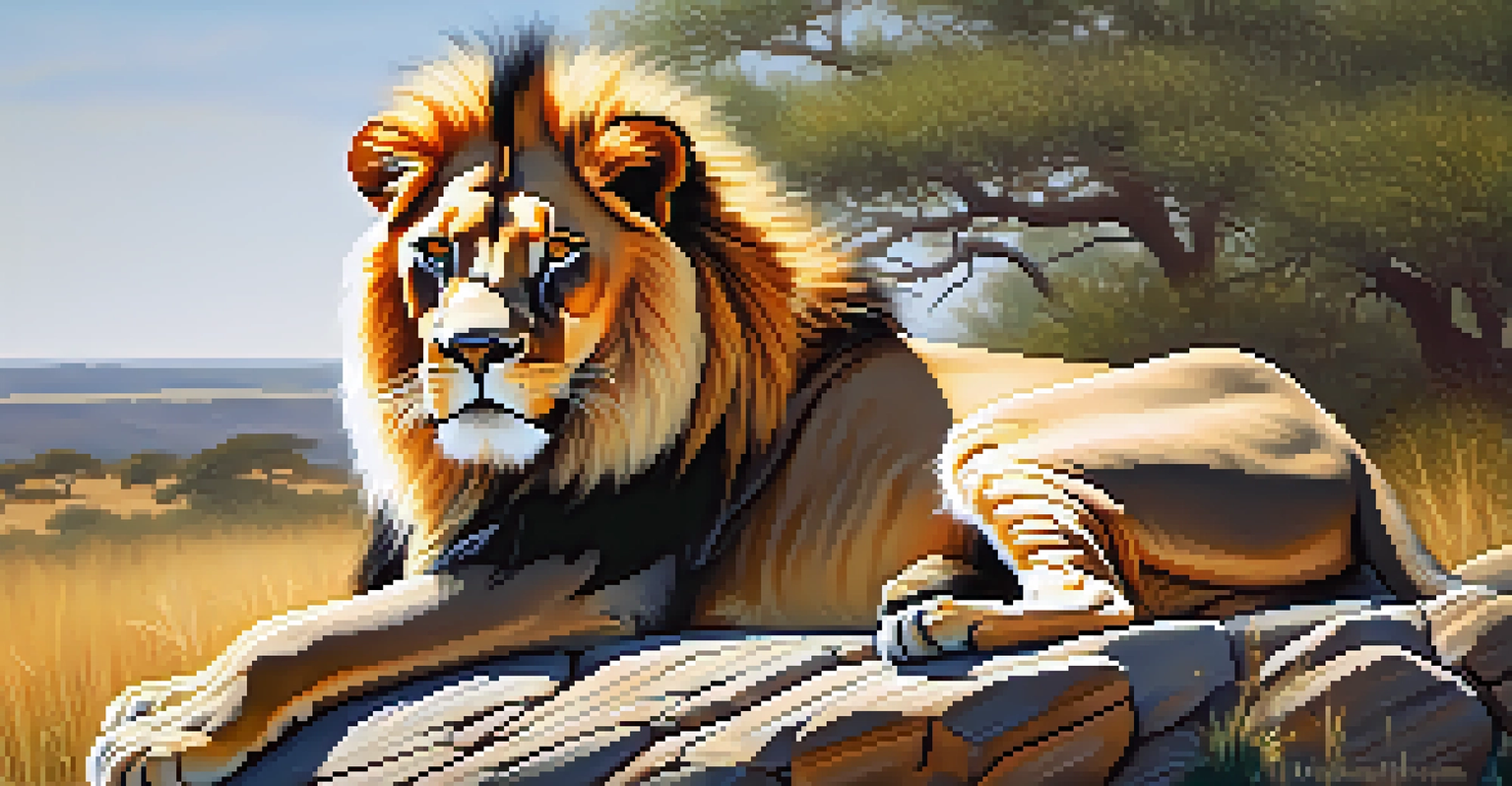 A close-up of a lion basking in the sun on a rocky outcrop, showcasing its golden mane against a blurred savanna background.