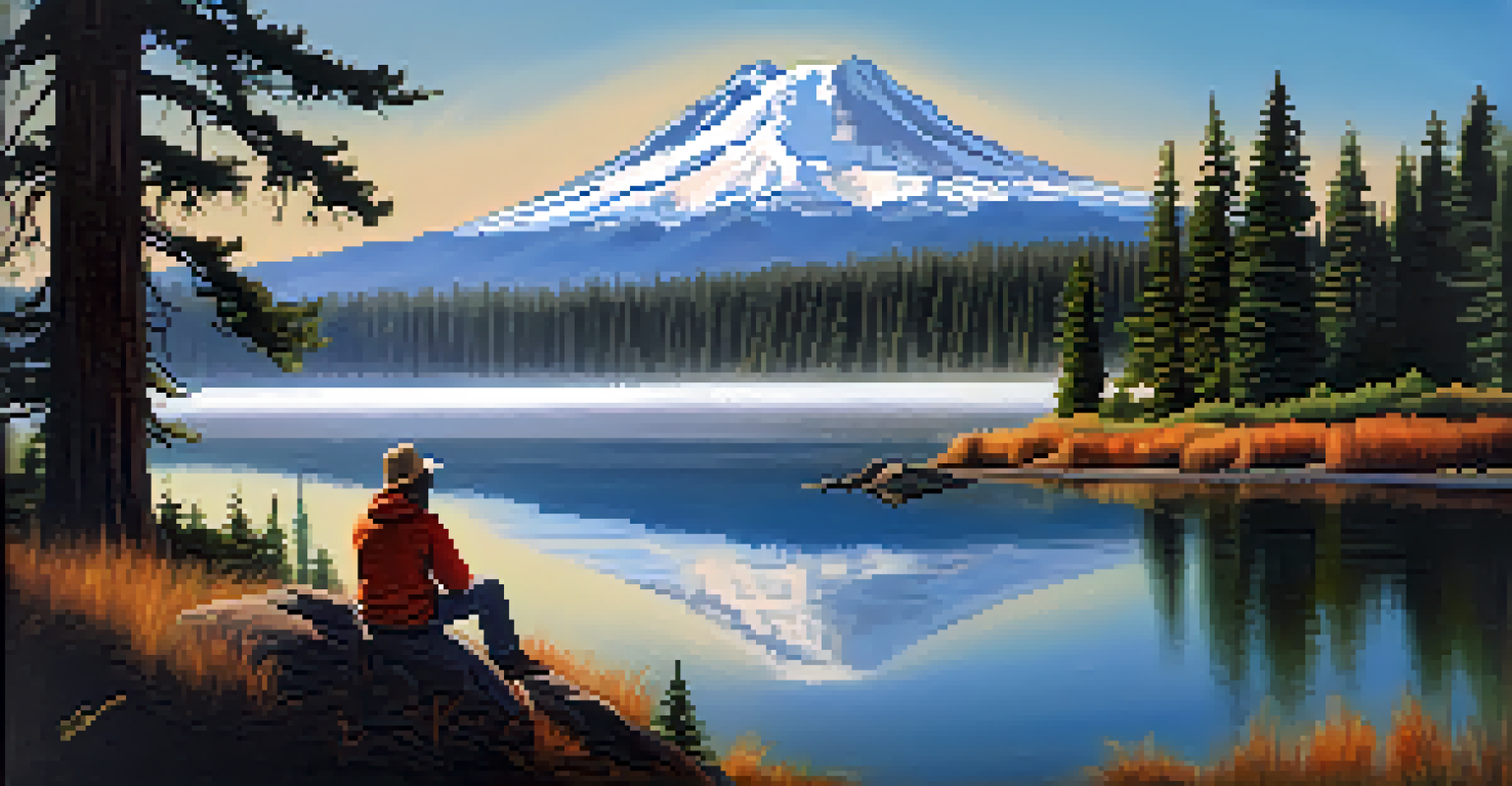 Mount Shasta with mist and reflection in a lake, featuring a person meditating by the water's edge.