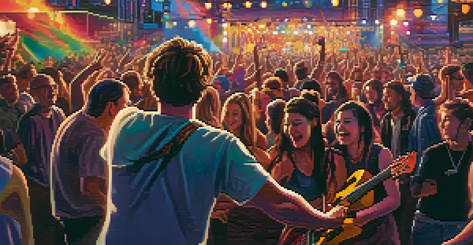A fusion music festival showcasing a collaboration between a folk musician and a rock band, with a vibrant audience.