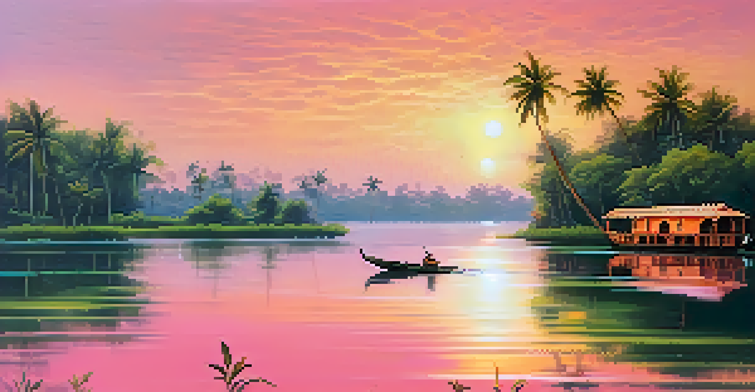 A picturesque view of the backwaters of Kerala at sunset, with a traditional houseboat and lush greenery.