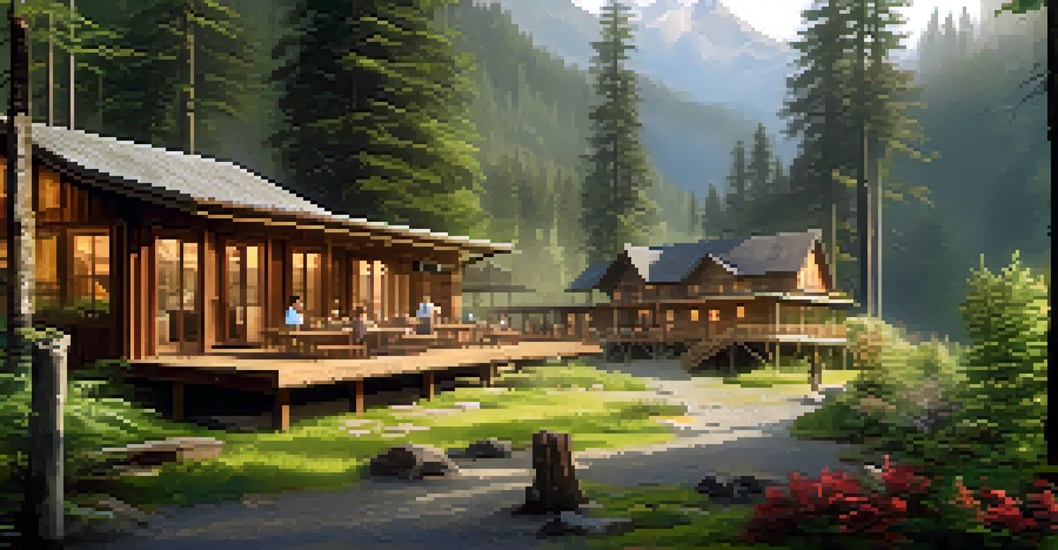 A tranquil eco-resort in the Pacific Northwest with rustic cabins, hiking trails, and a farm-to-table dining setup overlooking lush forests.