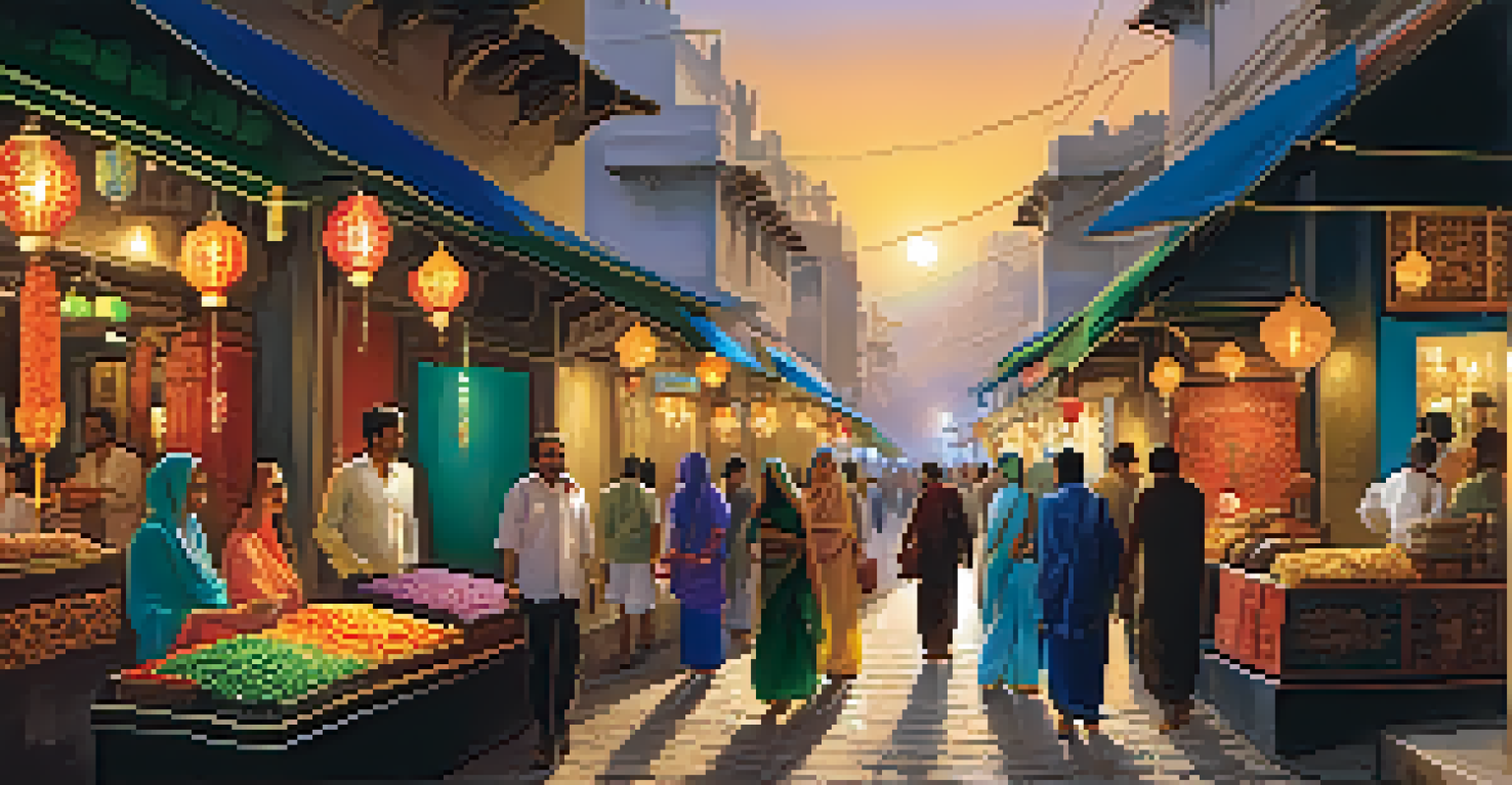 A lively night market street in Udaipur, filled with colorful stalls and warm cafe lights.