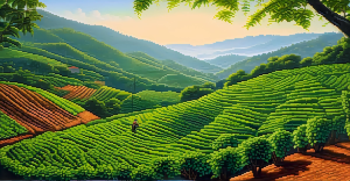 A local farmer harvesting coffee beans in a lush Coorg coffee plantation surrounded by rolling green hills under a clear blue sky.