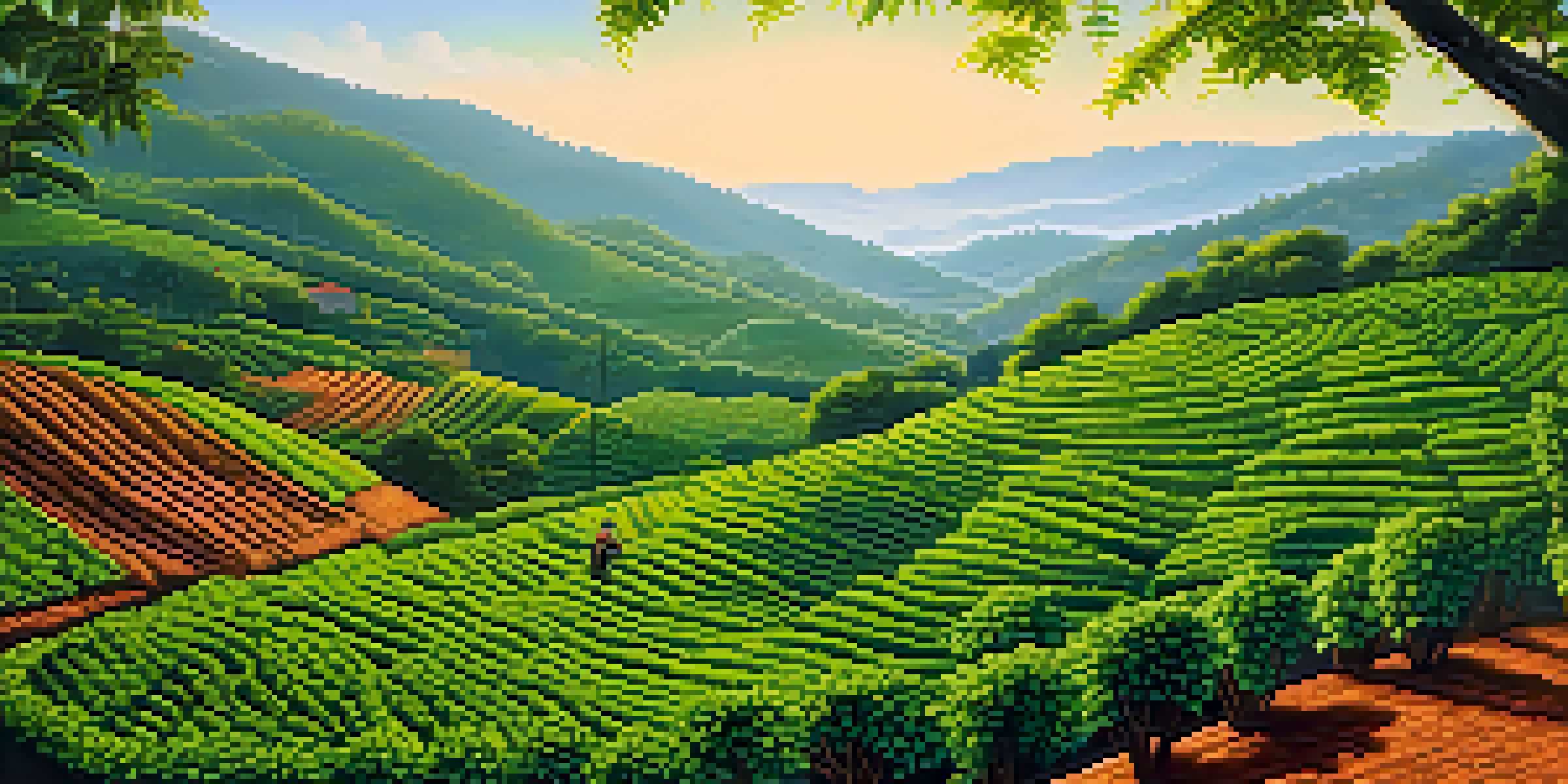 A local farmer harvesting coffee beans in a lush Coorg coffee plantation surrounded by rolling green hills under a clear blue sky.