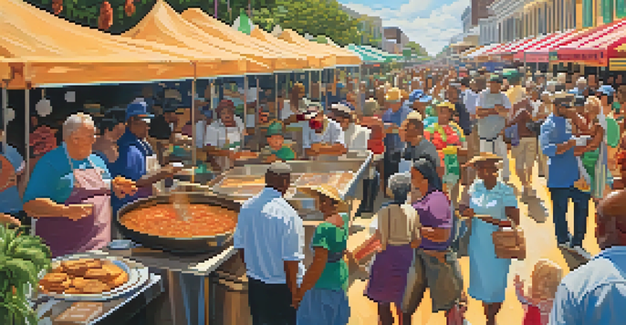 A lively New Orleans Food Festival with people enjoying Creole and Cajun dishes, colorful food stalls, and chefs demonstrating cooking.