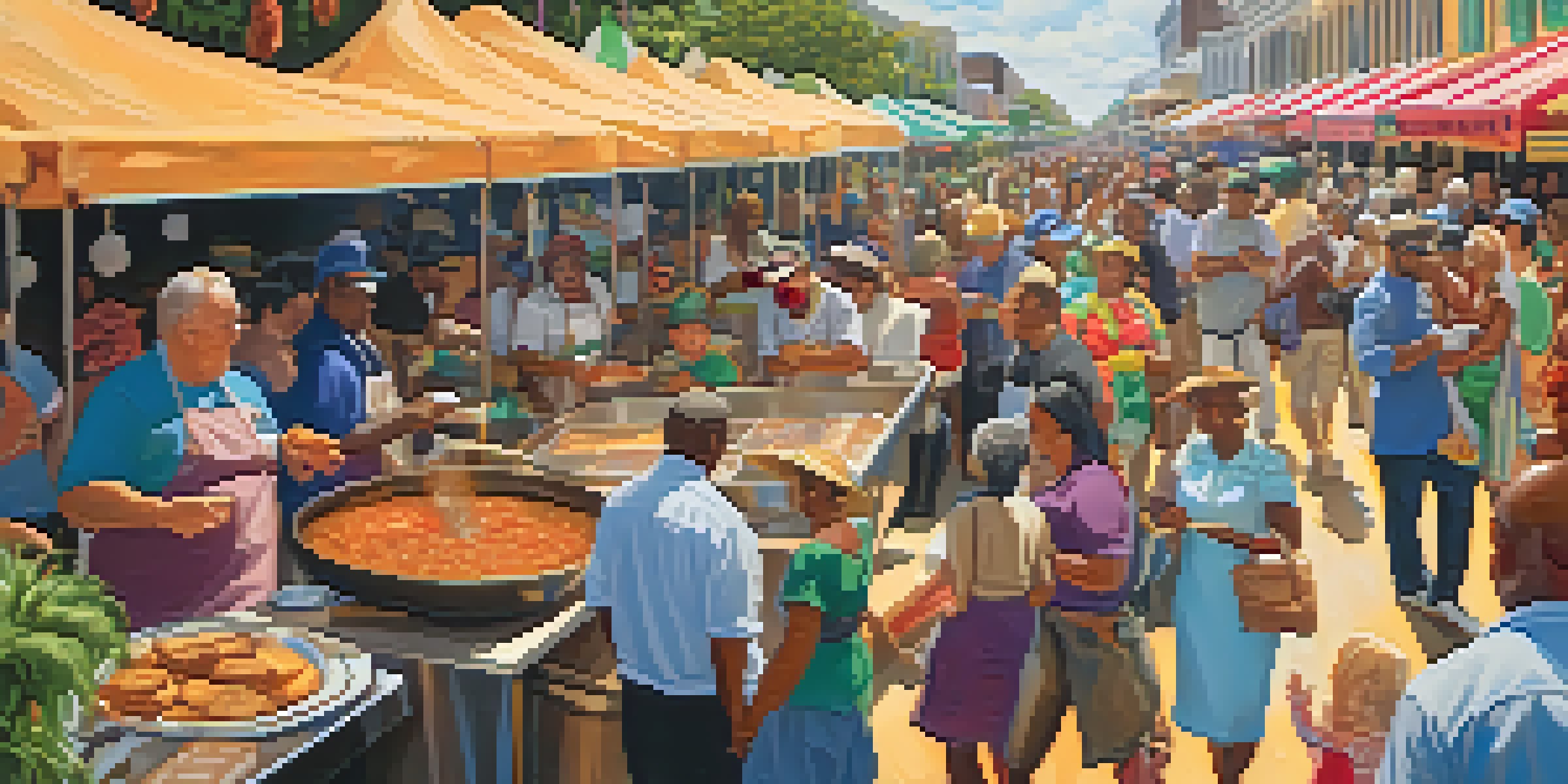 A lively New Orleans Food Festival with people enjoying Creole and Cajun dishes, colorful food stalls, and chefs demonstrating cooking.