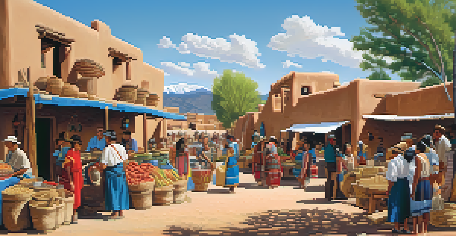 A lively scene at Taos Pueblo, showcasing adobe buildings and residents participating in cultural activities against a bright blue sky.