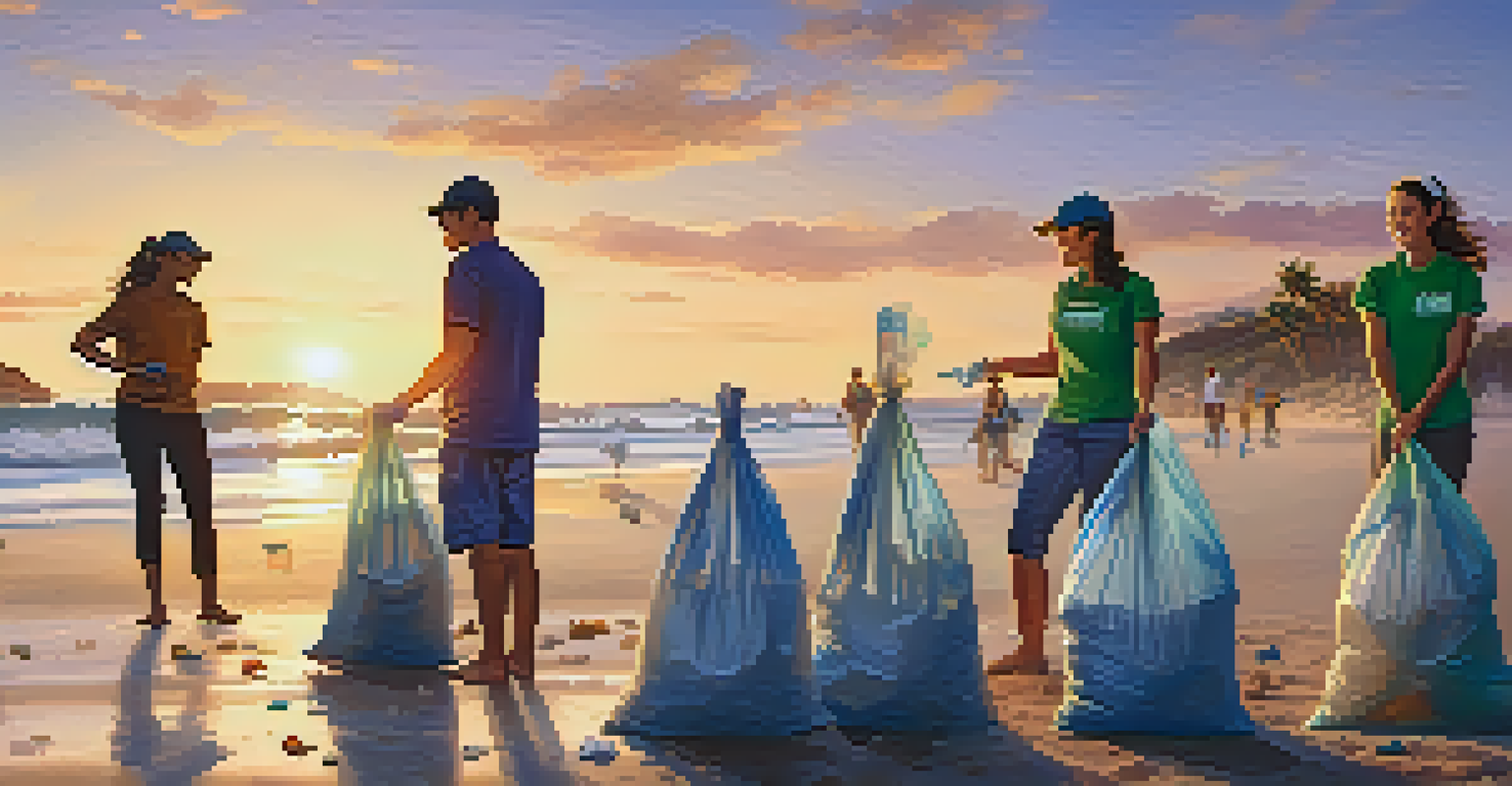 Volunteers engaged in a beach cleanup during sunset, collecting trash while smiling and working together for environmental protection.
