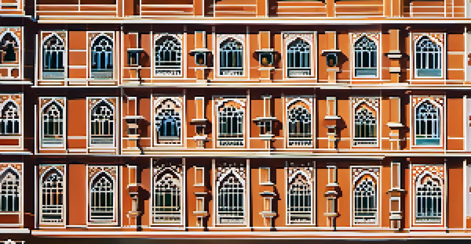 A close-up image of the intricate lattice work of Hawa Mahal, showcasing detailed craftsmanship and light filtering through the windows.