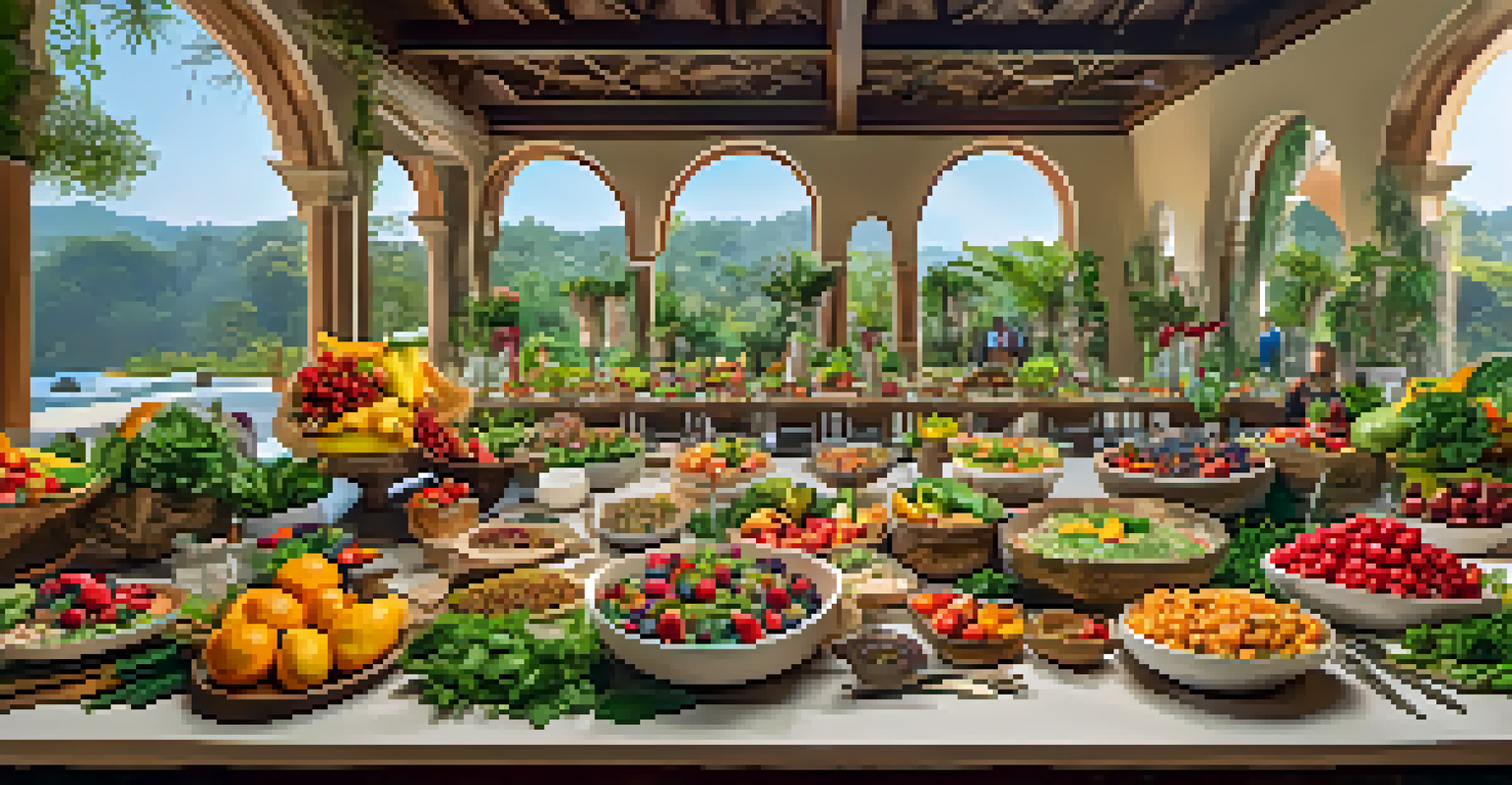A table filled with colorful and nutritious food offerings at a wellness festival, including smoothies, salads, and fruits, surrounded by a warm and inviting atmosphere.