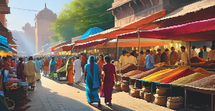 A busy market in Delhi with bright stalls, people shopping, and historical buildings in the background.