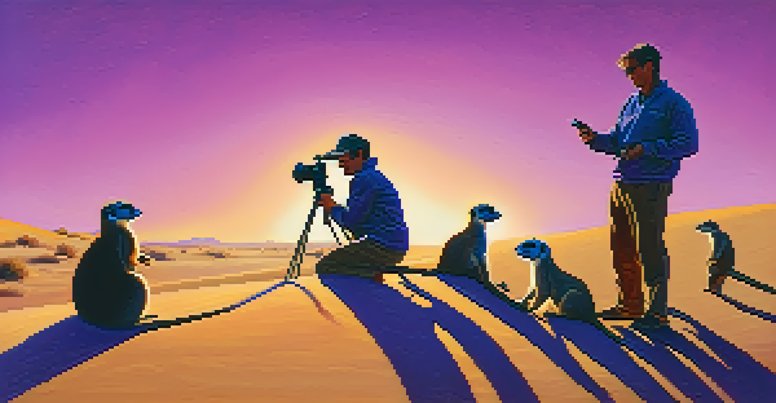 Photographers taking pictures of playful meerkats on a sand dune during a colorful sunset.