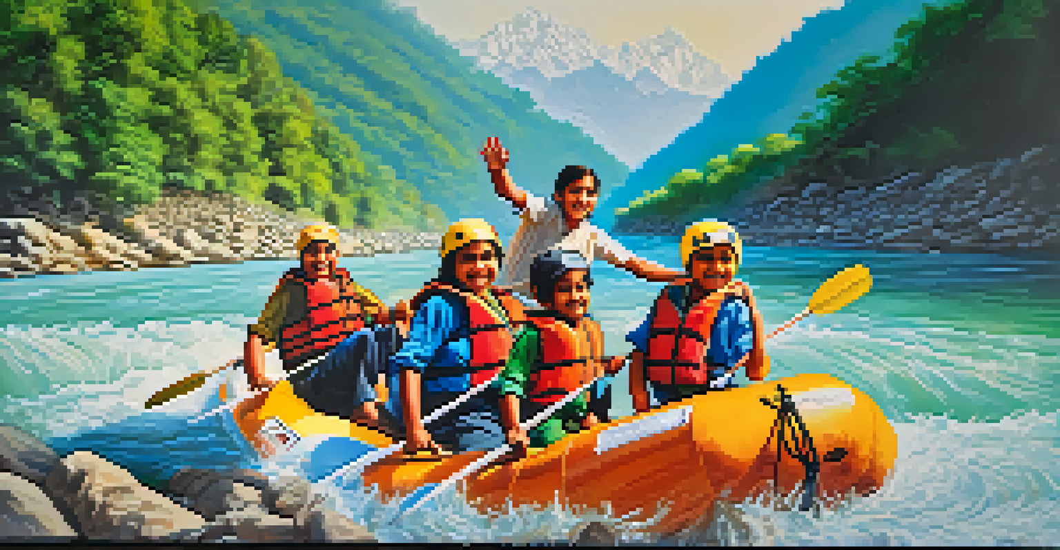 A family rafting in the Ganges River in Rishikesh, with the Himalayas in the background and the sun shining on their joyful expressions.