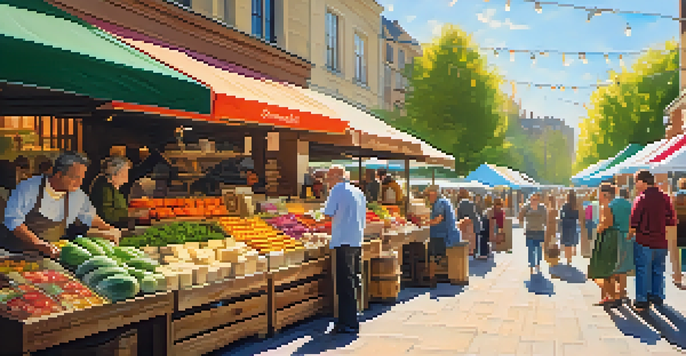 A busy artisan food market with colorful stalls filled with fresh fruits, cheeses, and chocolates, under warm sunlight.