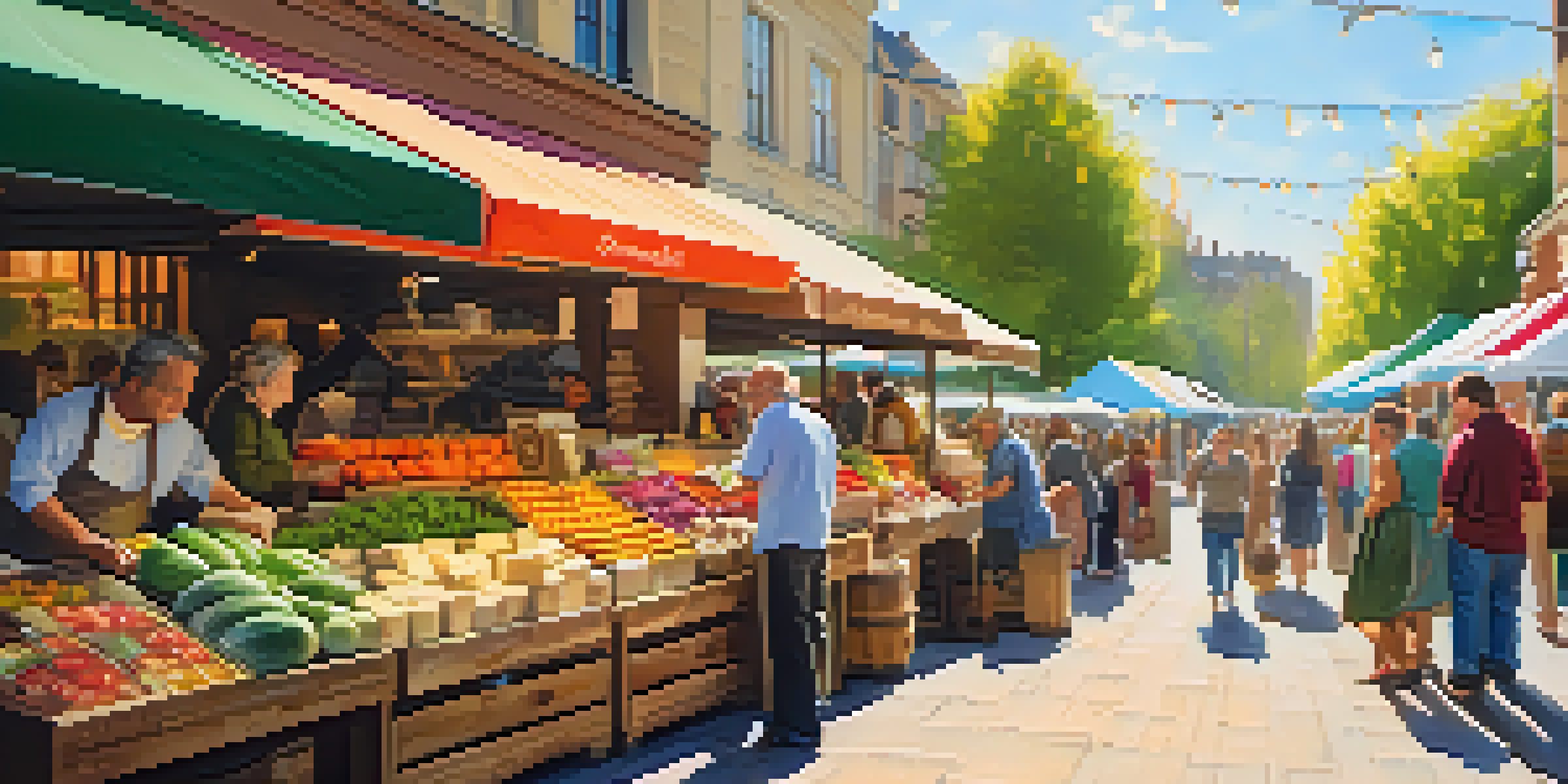 A busy artisan food market with colorful stalls filled with fresh fruits, cheeses, and chocolates, under warm sunlight.