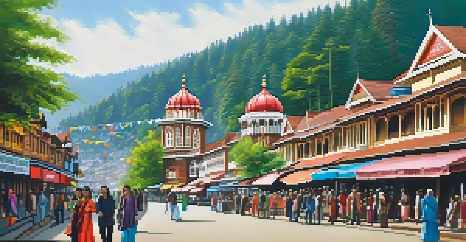 Visitors walking along the Mall Road in Shimla, featuring colonial buildings and the Christ Church in the background.