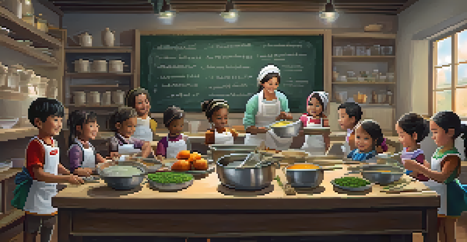 Children participating in a traditional cooking class, surrounded by ingredients and utensils, with a chalkboard showing dish names in the background.