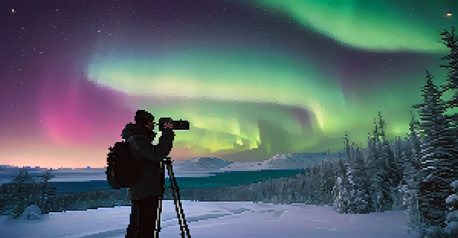 A photographer in warm clothing using a DSLR camera on a tripod to capture the Northern Lights, with vivid colors filling the sky.