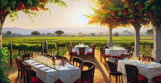 A picturesque wine tasting event in a vineyard with glasses of wine and traditional Indian dishes under a golden sunset.