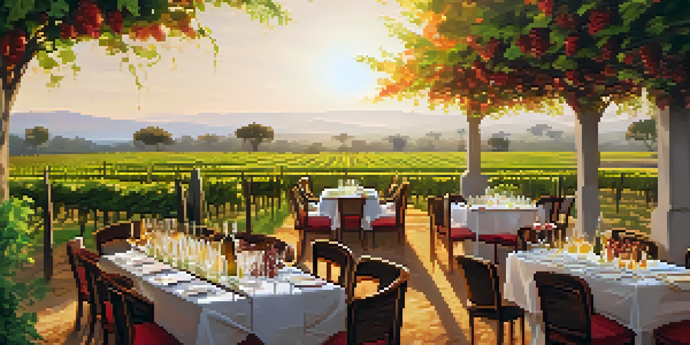 A picturesque wine tasting event in a vineyard with glasses of wine and traditional Indian dishes under a golden sunset.