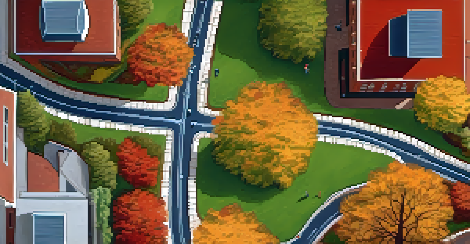 An aerial view of the Freedom Trail in Boston, highlighting historic sites along a red brick path surrounded by fall foliage.