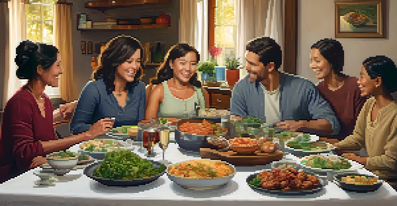 A family enjoying a meal together at a dining table, sharing food and conversation in a cozy home setting.