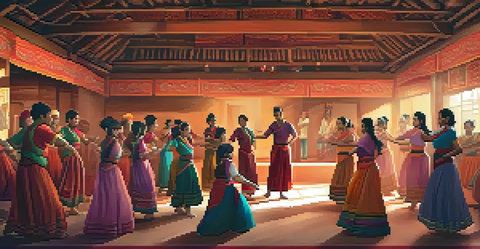 A traditional dance workshop where an instructor shows movements to a group of participants in colorful attire, set in a warmly lit room with cultural decorations.
