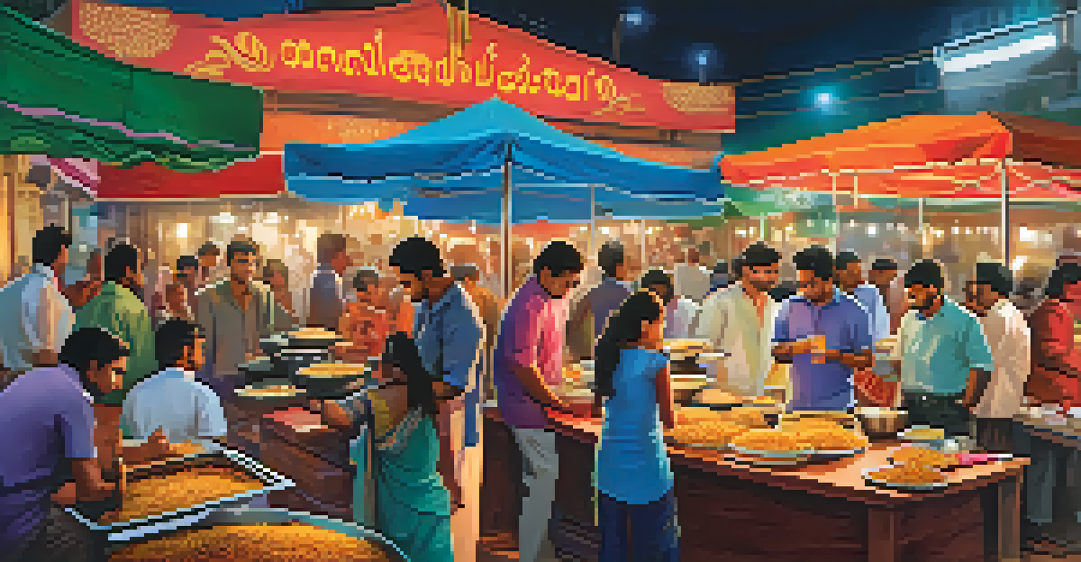 A vibrant street food scene in Hyderabad with various colorful dishes and people enjoying their meals.