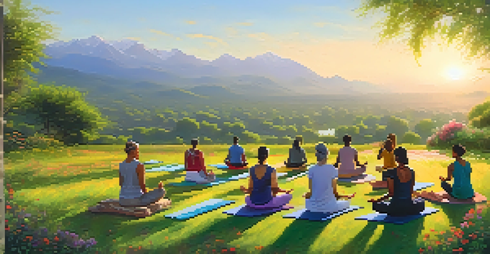 A peaceful outdoor yoga retreat in India with people practicing yoga amidst green mountains and colorful wildflowers.