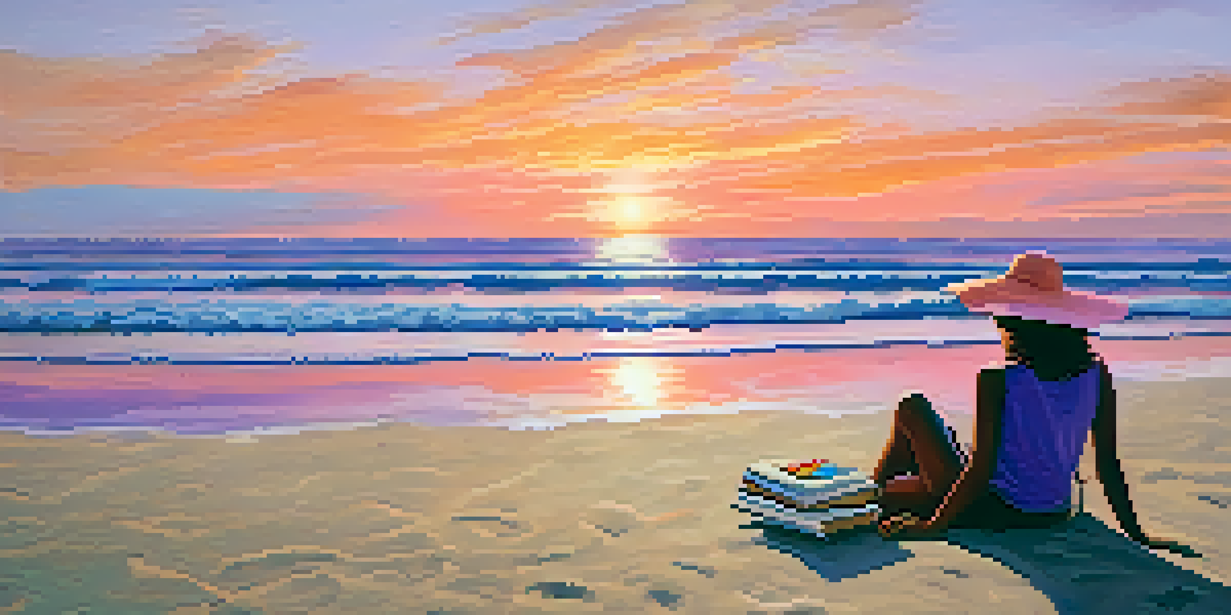 A tranquil beach at sunset with soft waves, a beach towel, a sunhat, and a book on the sand. A person walks along the shore in the distance.