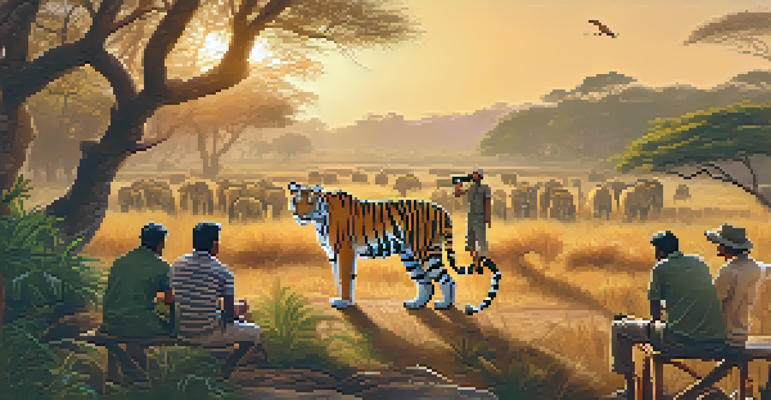 A wildlife safari in an Indian national park with a local guide showing visitors a tiger in the background, surrounded by lush greenery in the golden hour light.
