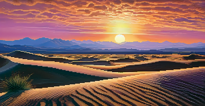 A vibrant sunset over the Western Desert, showcasing golden sand dunes and rugged mountains in silhouette against a colorful sky.