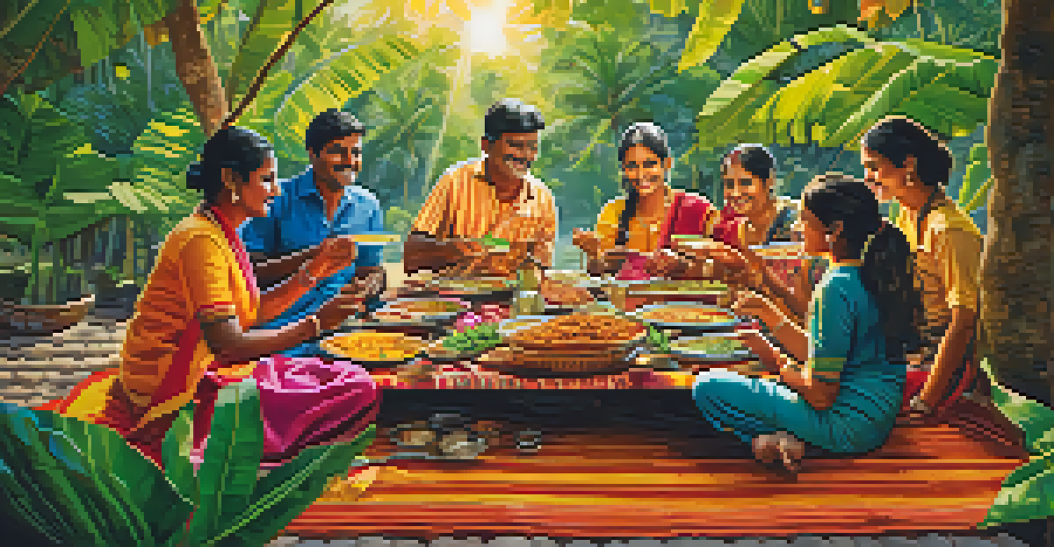 A group of friends sharing a traditional Indian meal on banana leaves, sitting together on a colorful mat.