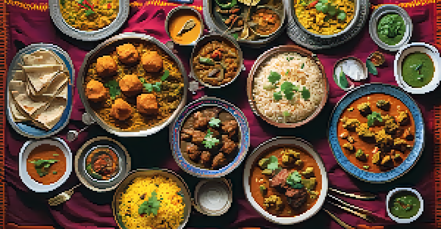 A traditional Indian dining table set with a variety of colorful dishes and vibrant textiles.