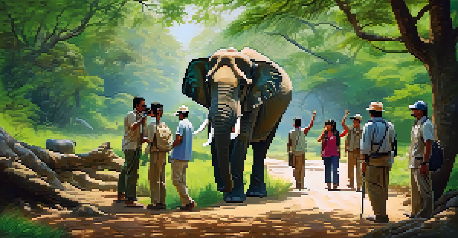 Tourists on a guided wildlife tour observing an elephant in an Indian national park, with a local guide sharing insights.