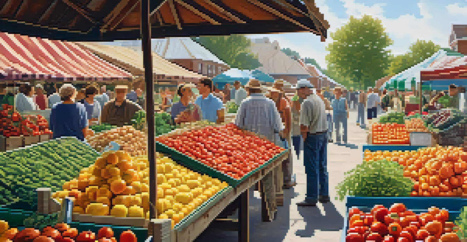 Outdoor market scene with farmers selling heritage crops and interacting with customers under sunlight.
