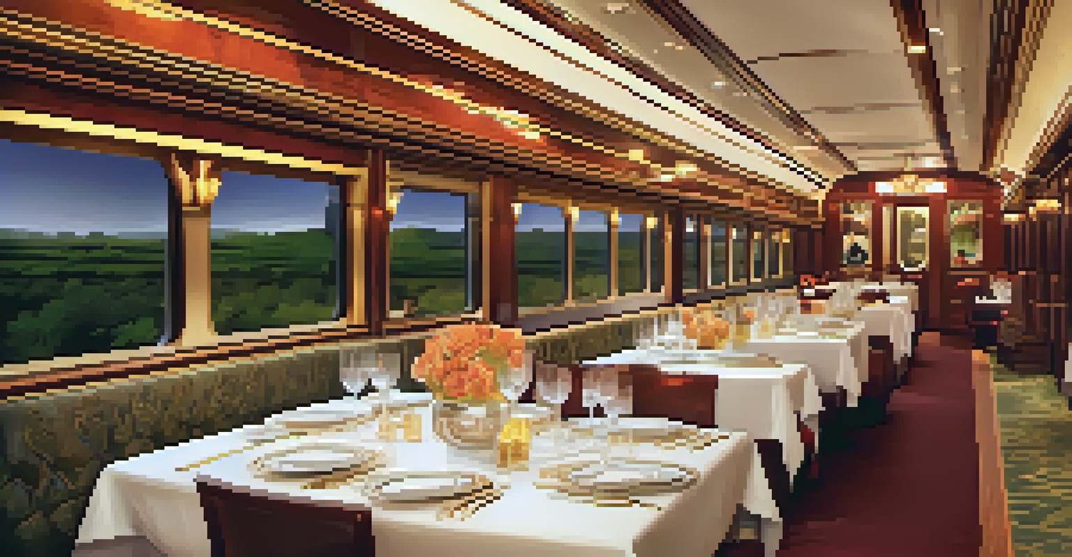 An elegant dining car inside a luxury train, featuring fine dining setups with gourmet food.