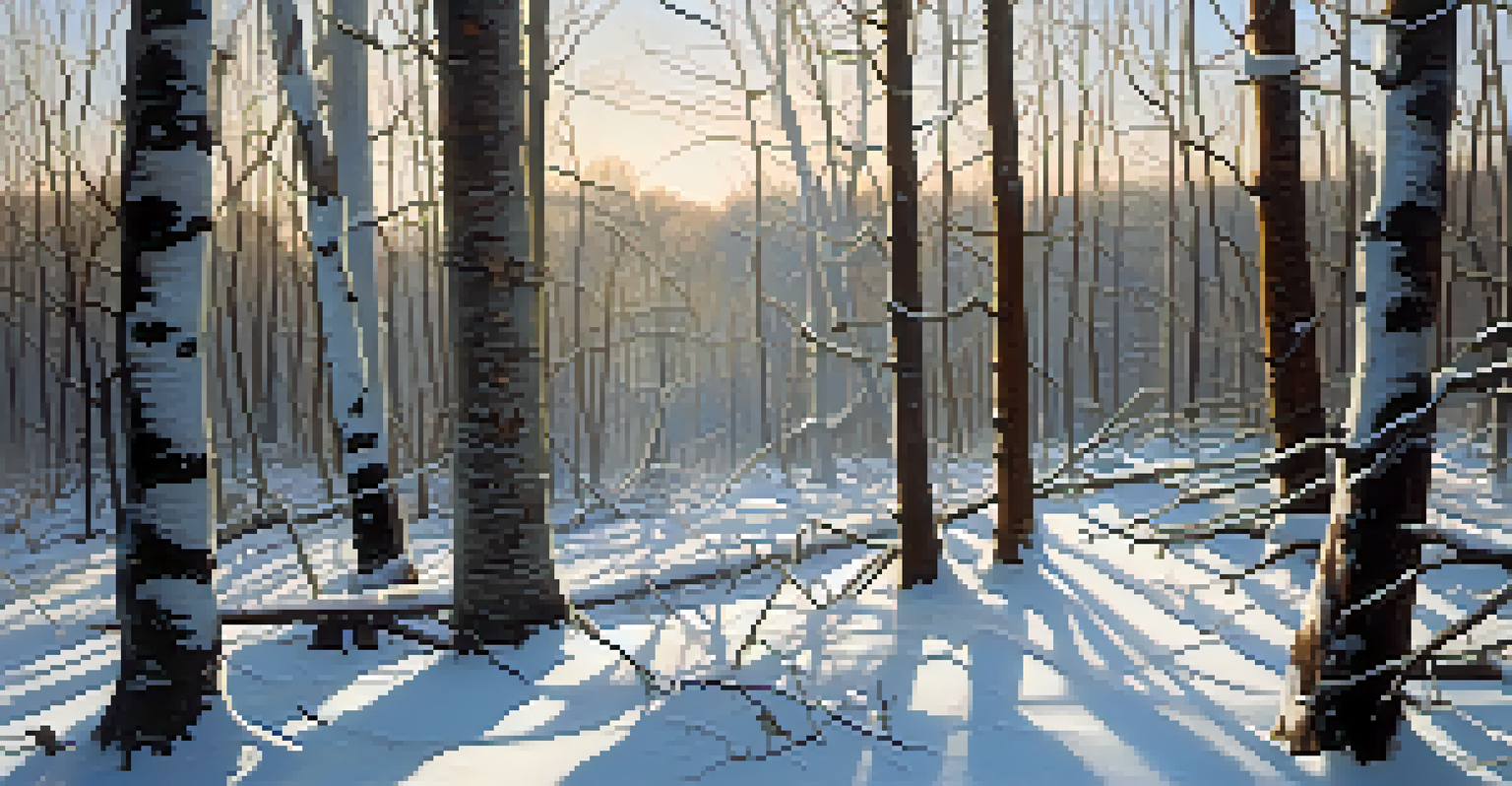 A winter forest scene showing signs of animal feeding on trees and the ground covered in snow.