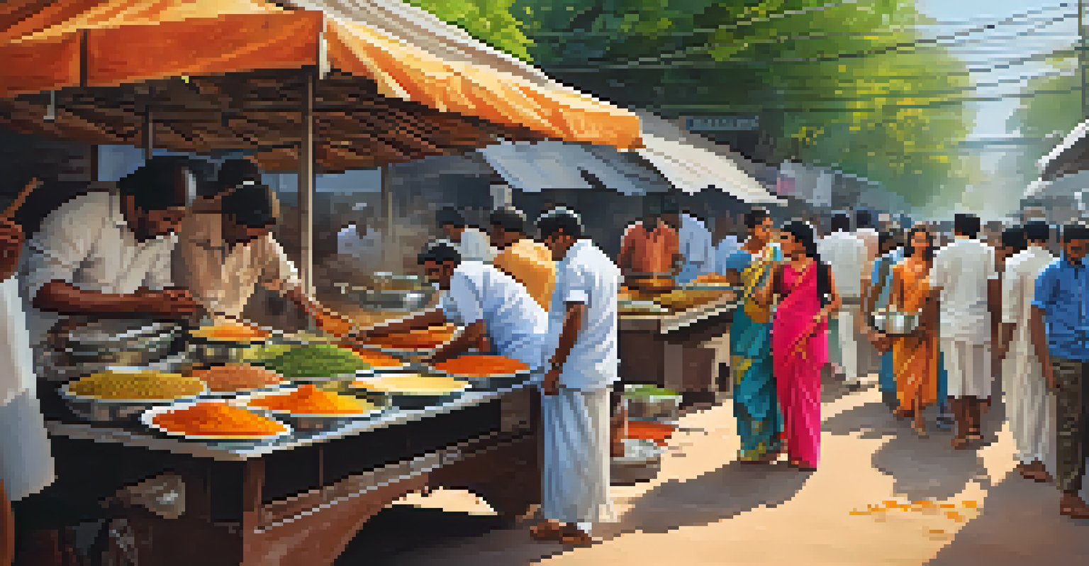 A colorful street food scene in Chennai with vendors serving traditional dishes like idli and dosa, bustling with locals.
